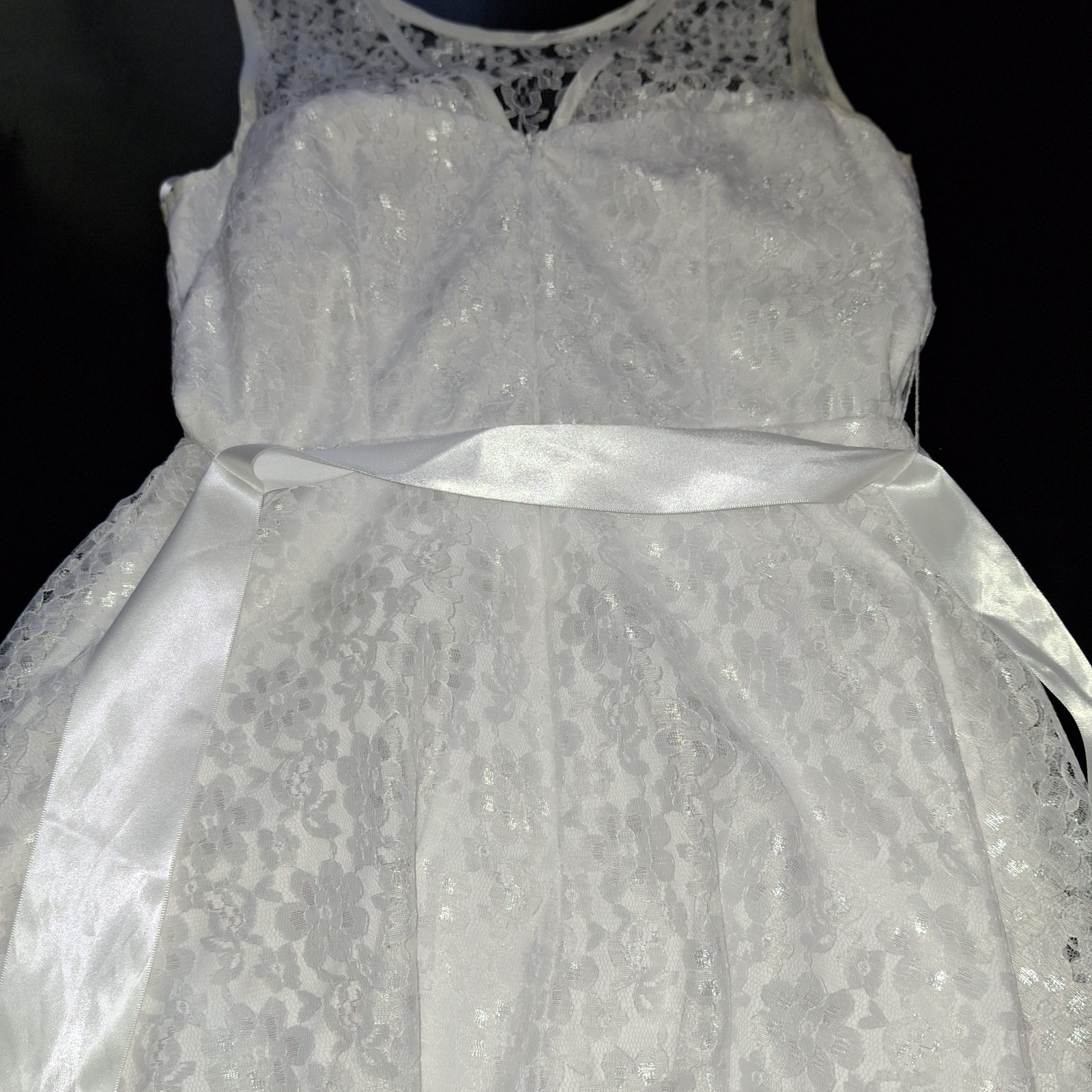 XS Lace Wedding Formal Cocktail Confirmation Homecoming Dress White w Ivory Trim