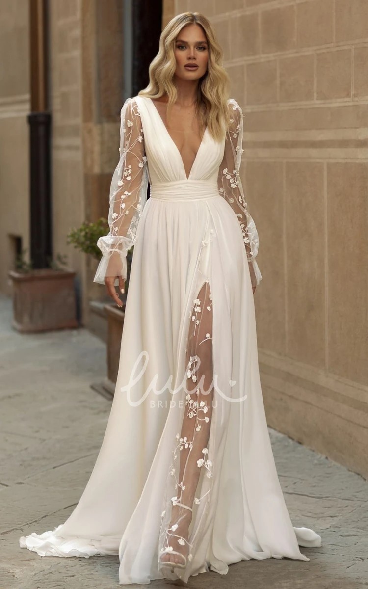 NWT Flowy LS Beach Wedding Dress 18W – a-line, v-neck, lace sleeve & front, sexy