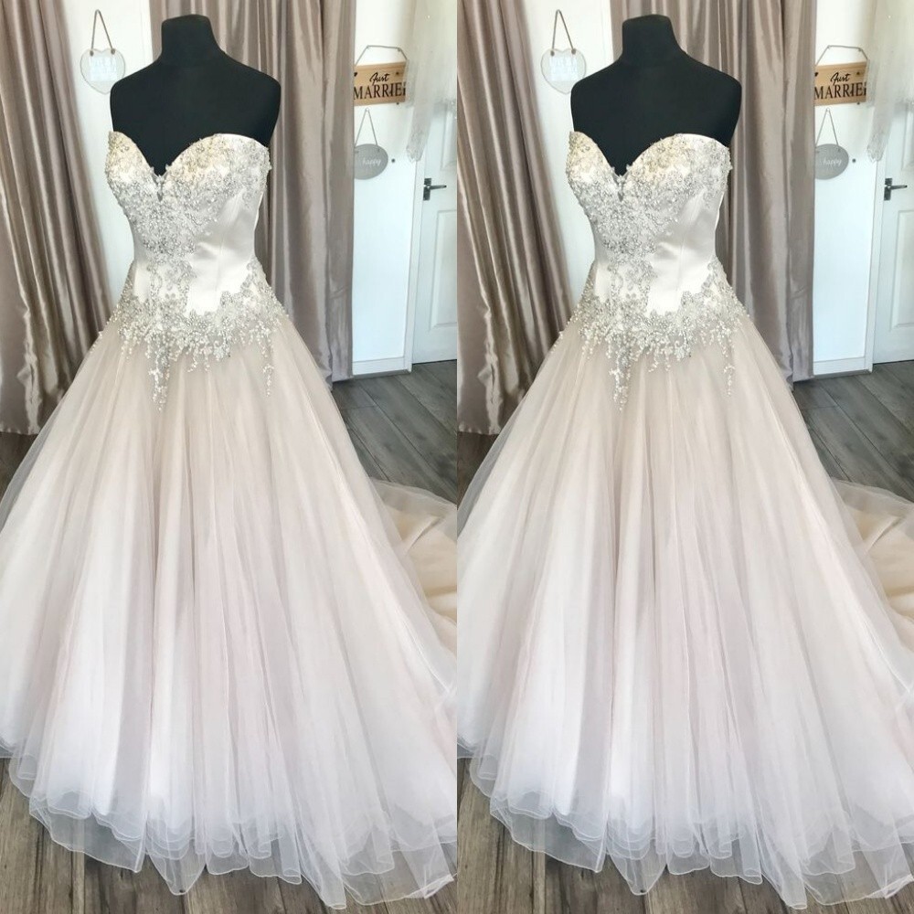 Blush Pink Wedding Dresses Strapless Beaded A Line Sweep Train Bridal Gown
