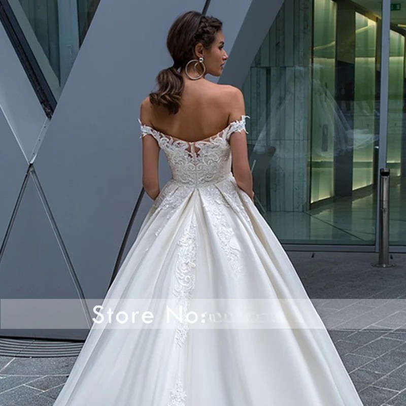 Off Shoulder Princess WeddingDress Appliques Sleeveless Beaded A-Line Bride Gown