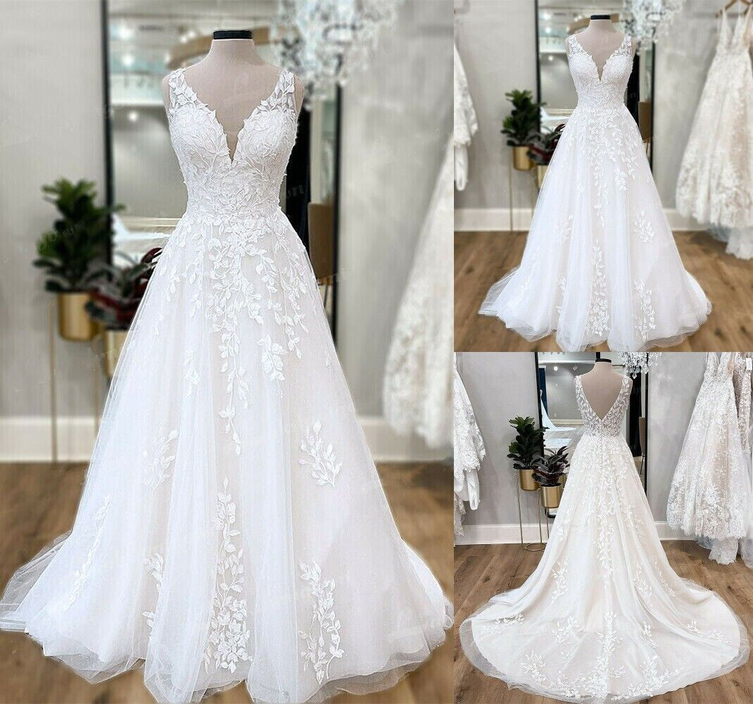 Sexy Deep V Neck Princess Wedding Dresses Lace Applique Beach Bridal Gown Custom