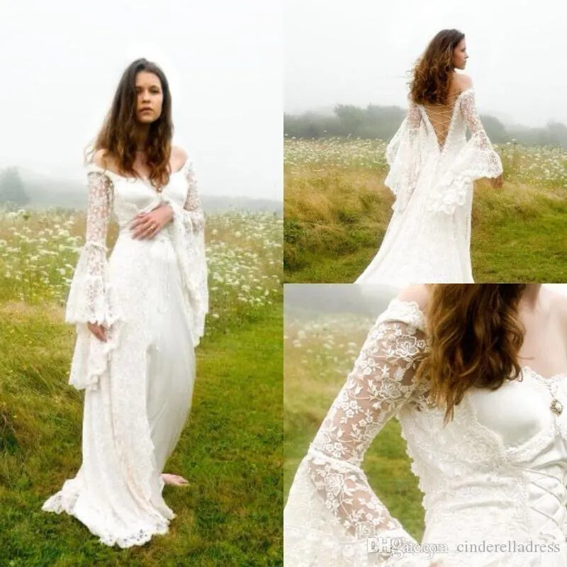 Elegant White Wedding Dresses Bohemian Lace Bell Sleeves Lace Up Bridal Gowns