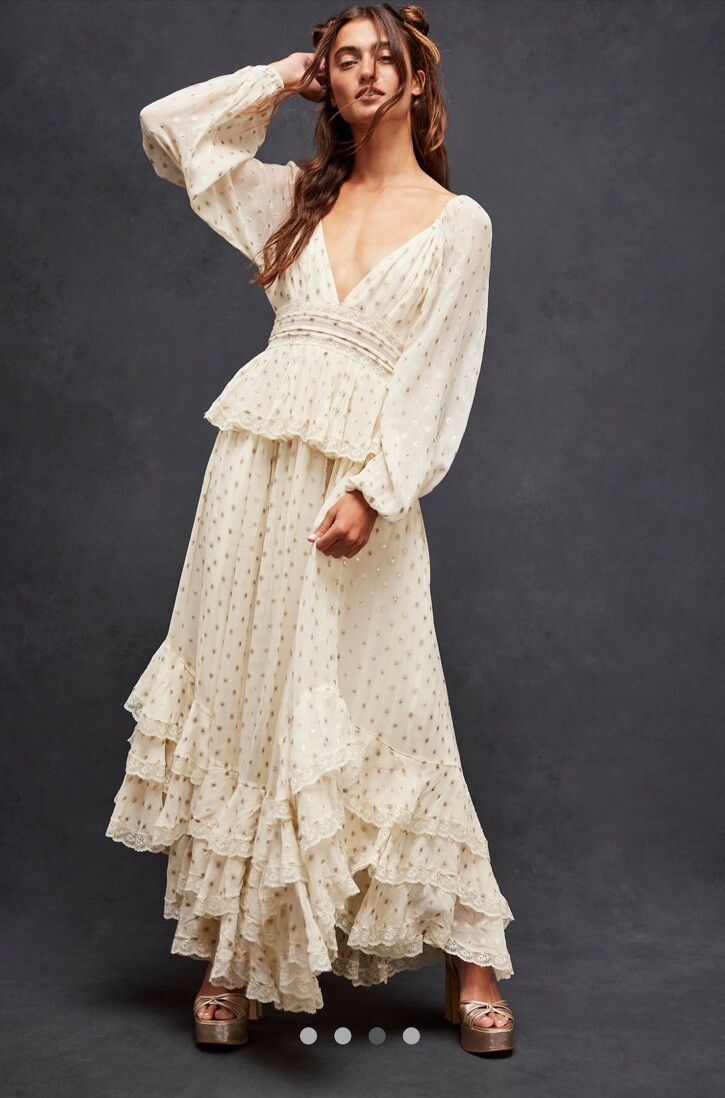 Free People Rococo Sand Long Sleeved Dress Ruffle Lace Trim Metallic Ivory S NWT
