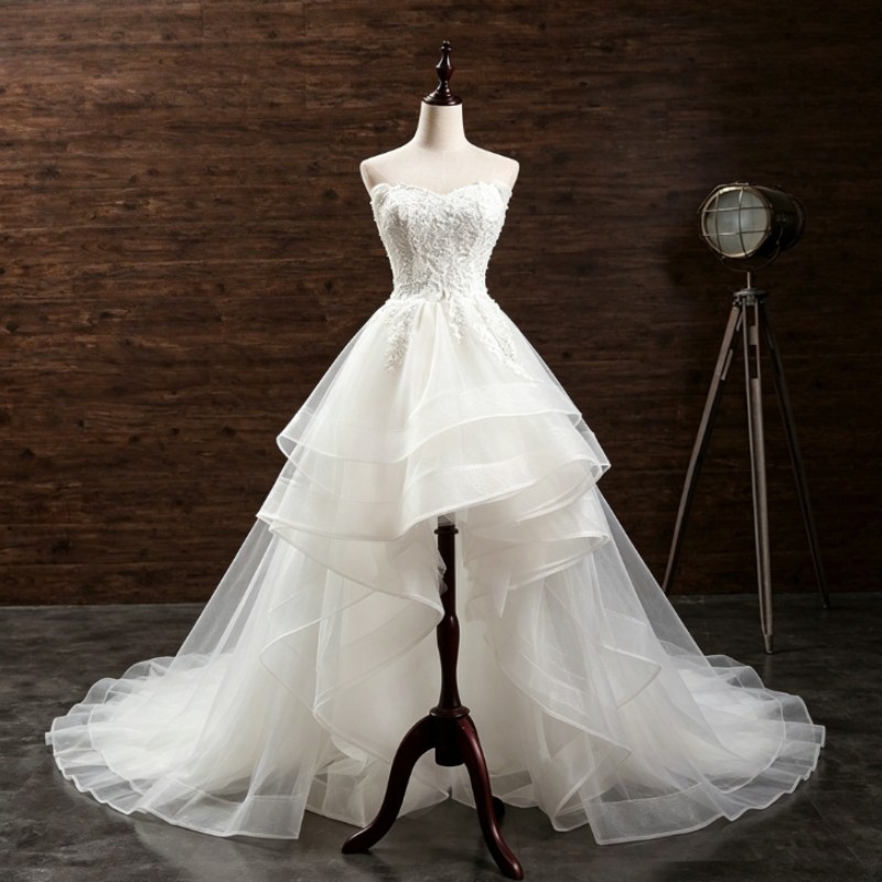 Hi-Low Off Shoulder Wedding Dresses Lace Applique Tulle A Line Bridal Gowns