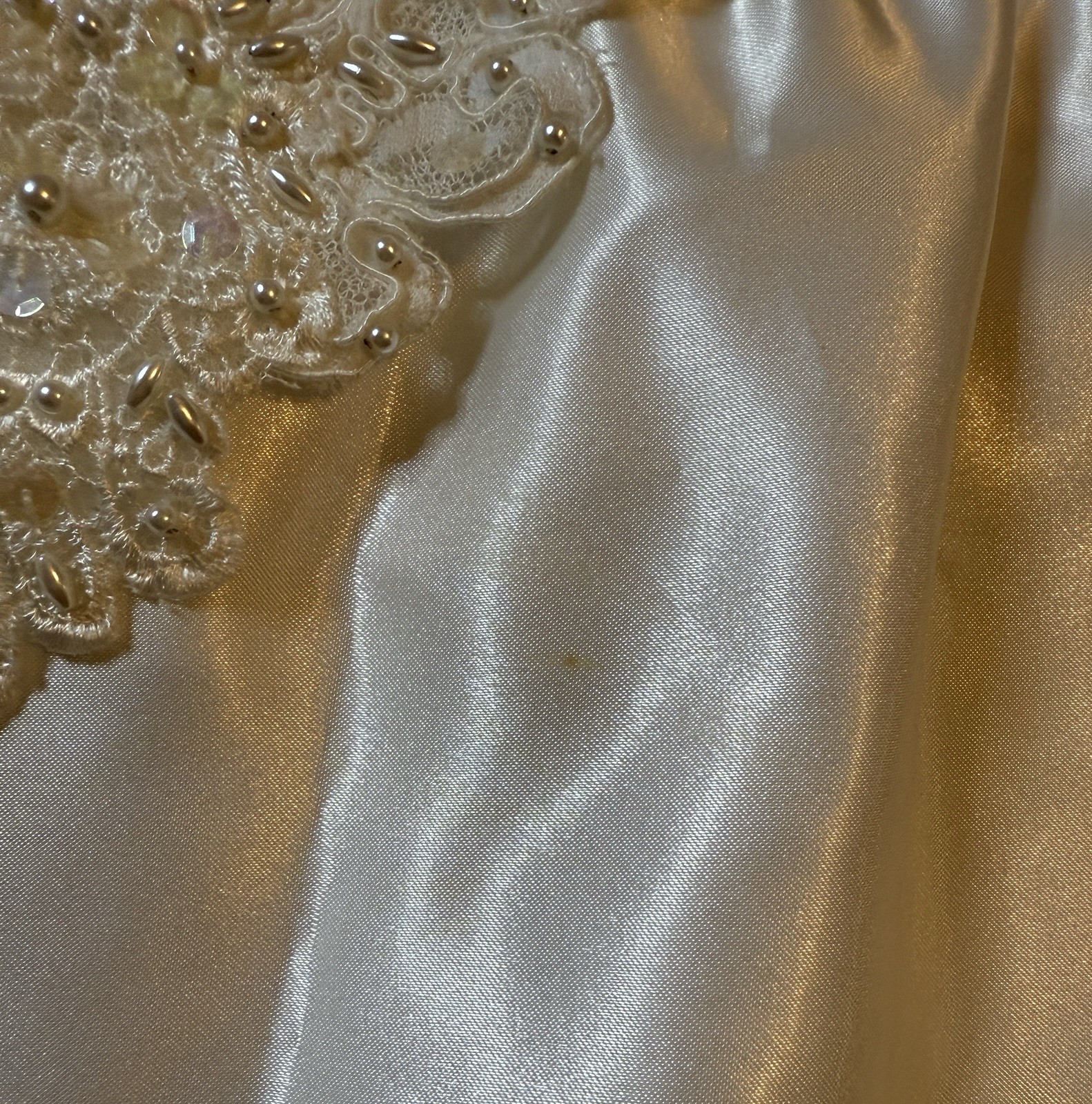 Vtg Mori Lee Satin Wedding Dress High Neck Puffed Sleeves Beading Lace Sz 8