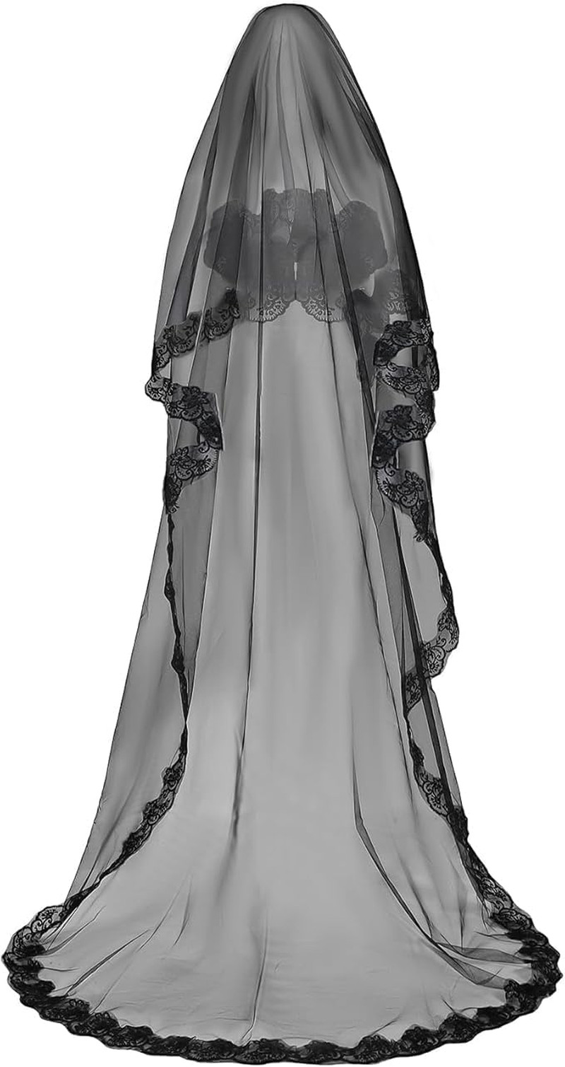 1 Tier Black Bridal Veil 10Ft Long Gothic Sheer Lace Cathedral Wedding Dress