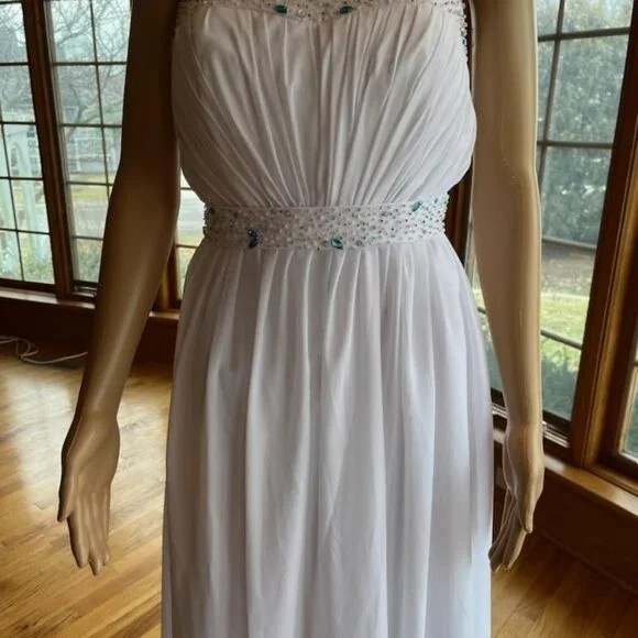 *White Chiffon Blue Pink Beading Strapless Wedding Gown Bridal Dress Size 12