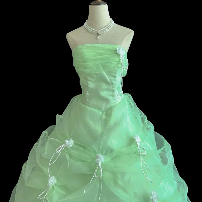 Princess Grass Green Lace Strapless Sleeveless Beading White Flower Bow Ruffles