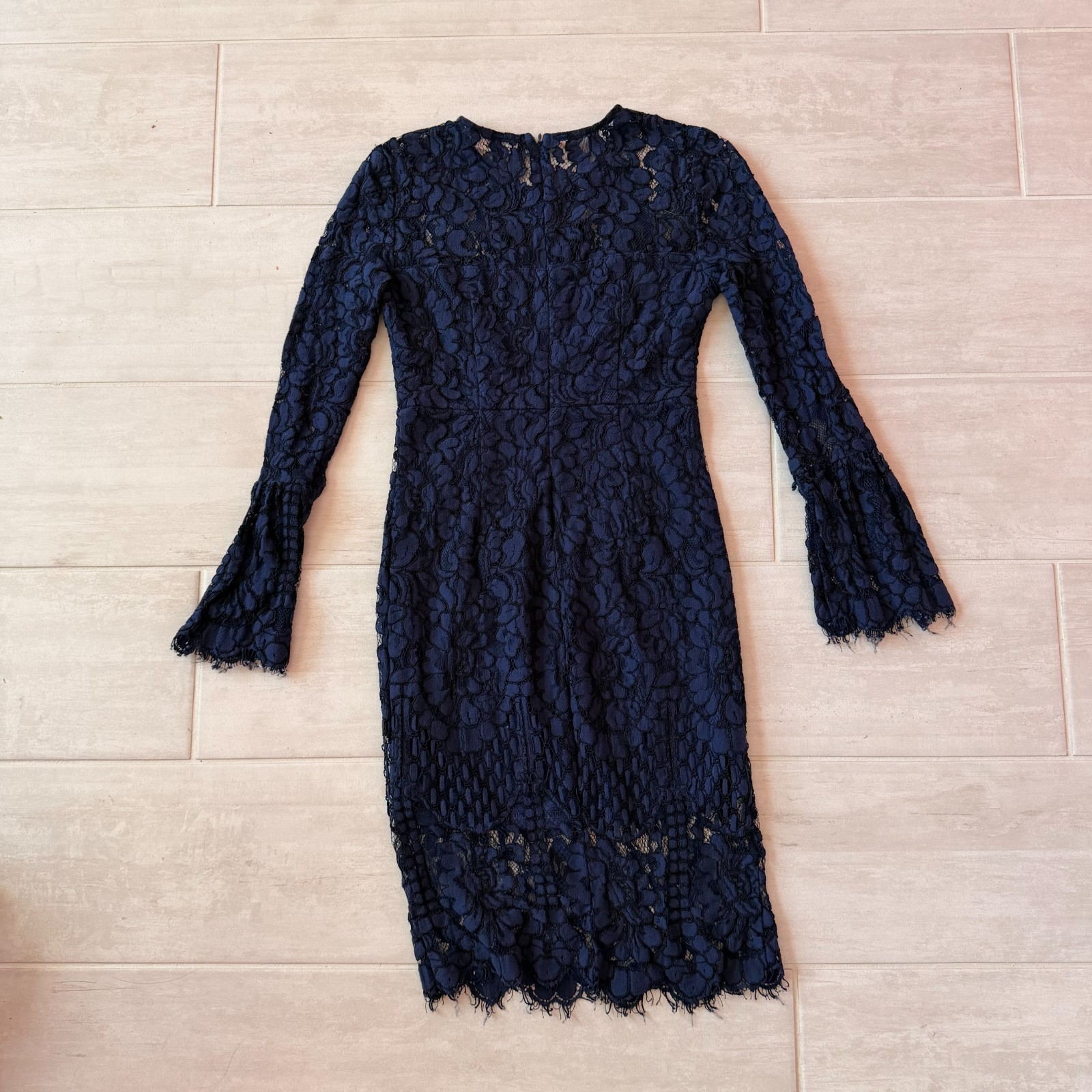 Lulu’s Elegance Navy Blue Lace Long Sleeve Midi Dress Illusion Neckline Small