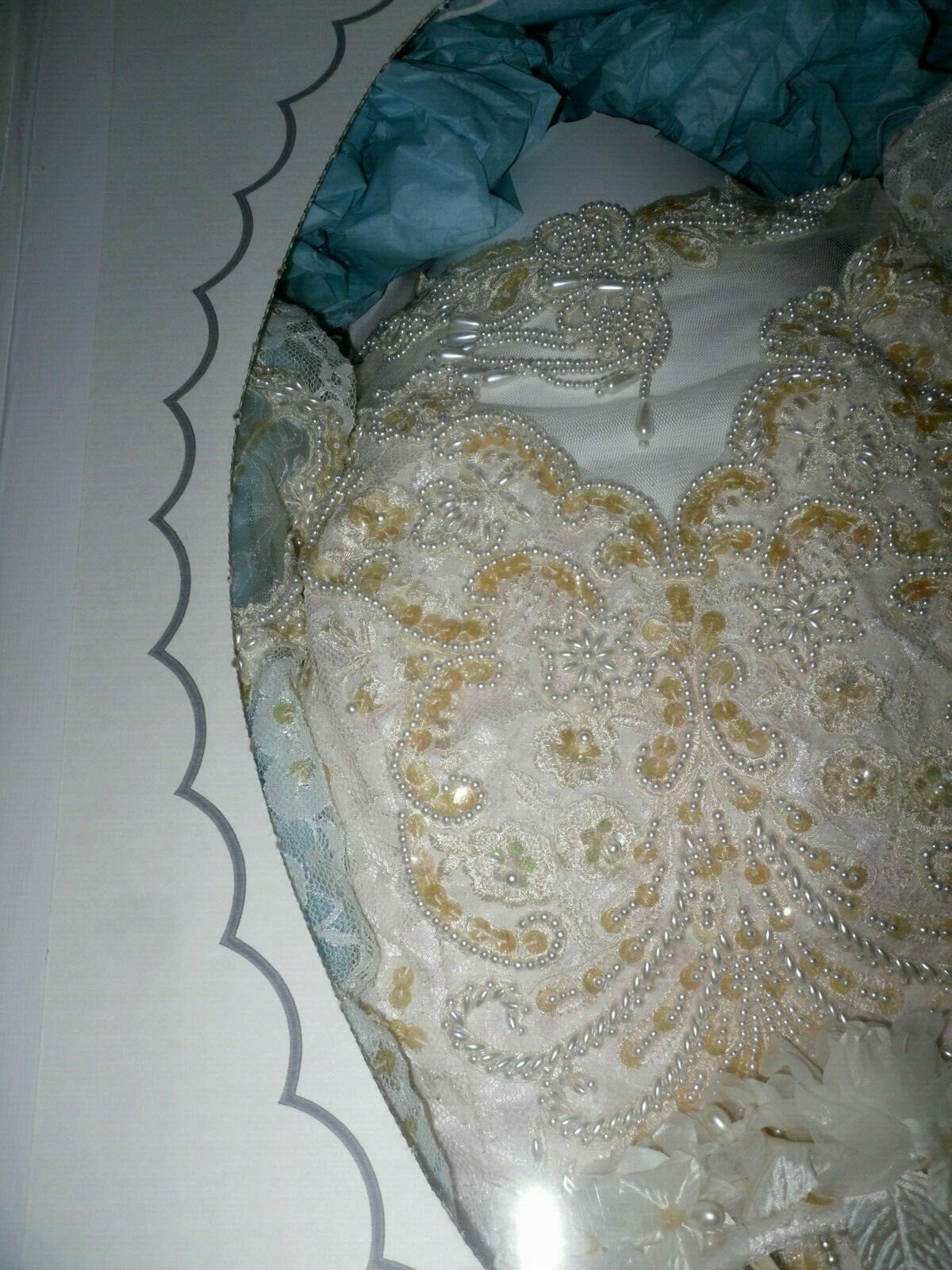 White With Pink, Lace & Beaded Long Sleeve Satin Wedding Dress From the 90’s