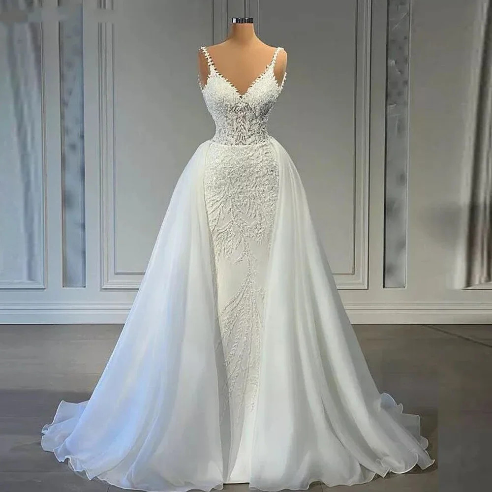 Customized V Neck Mermaid Lace Wedding Dresses Sleeveless Illusion Beaded Satin