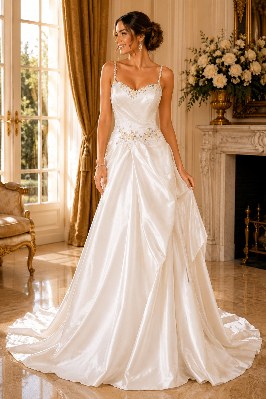 Anjolique Wedding Dress 12 Champagne Yellow Gems Beaded Ballgown Train NWT