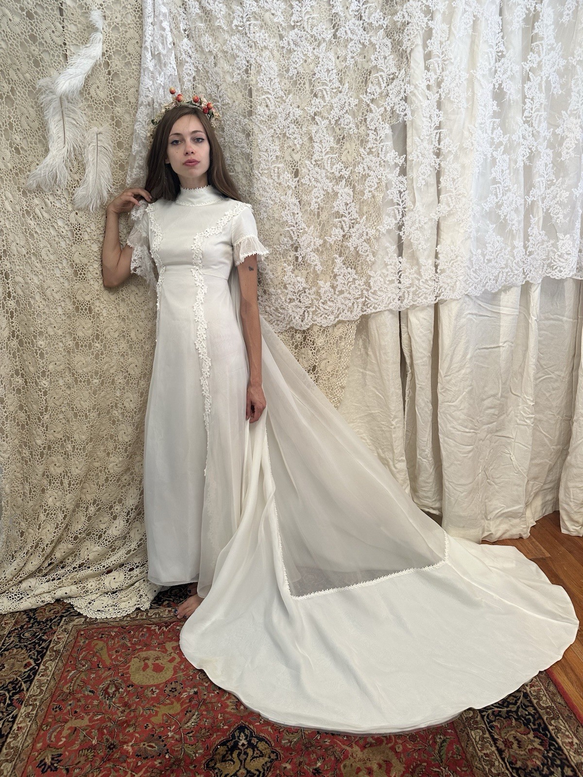 Vintage 1960s Restored White Lace High Neck Short Sleeve A-Line Wedding Dress