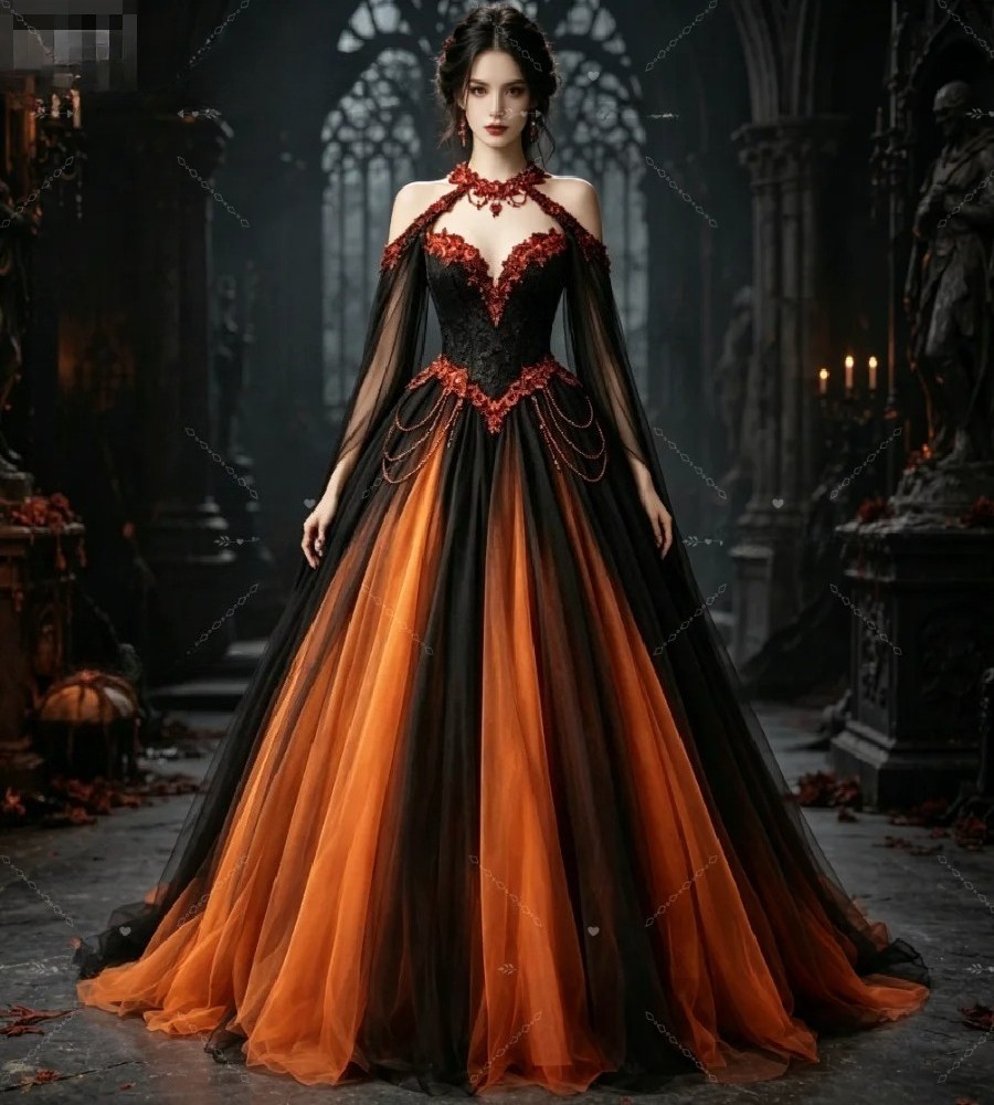 Black Purple Gothic Wedding Dresses Floral Lace Appliques Sheer Tulle Dark Gowns