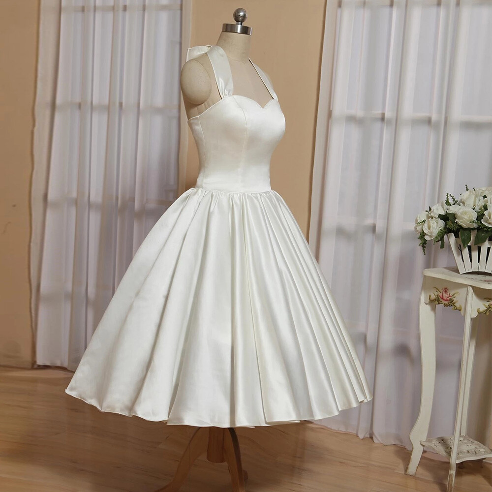 Short Ivory Wedding Dresses Satin Halter Neck with Bow Tea Length Bridal Dresses