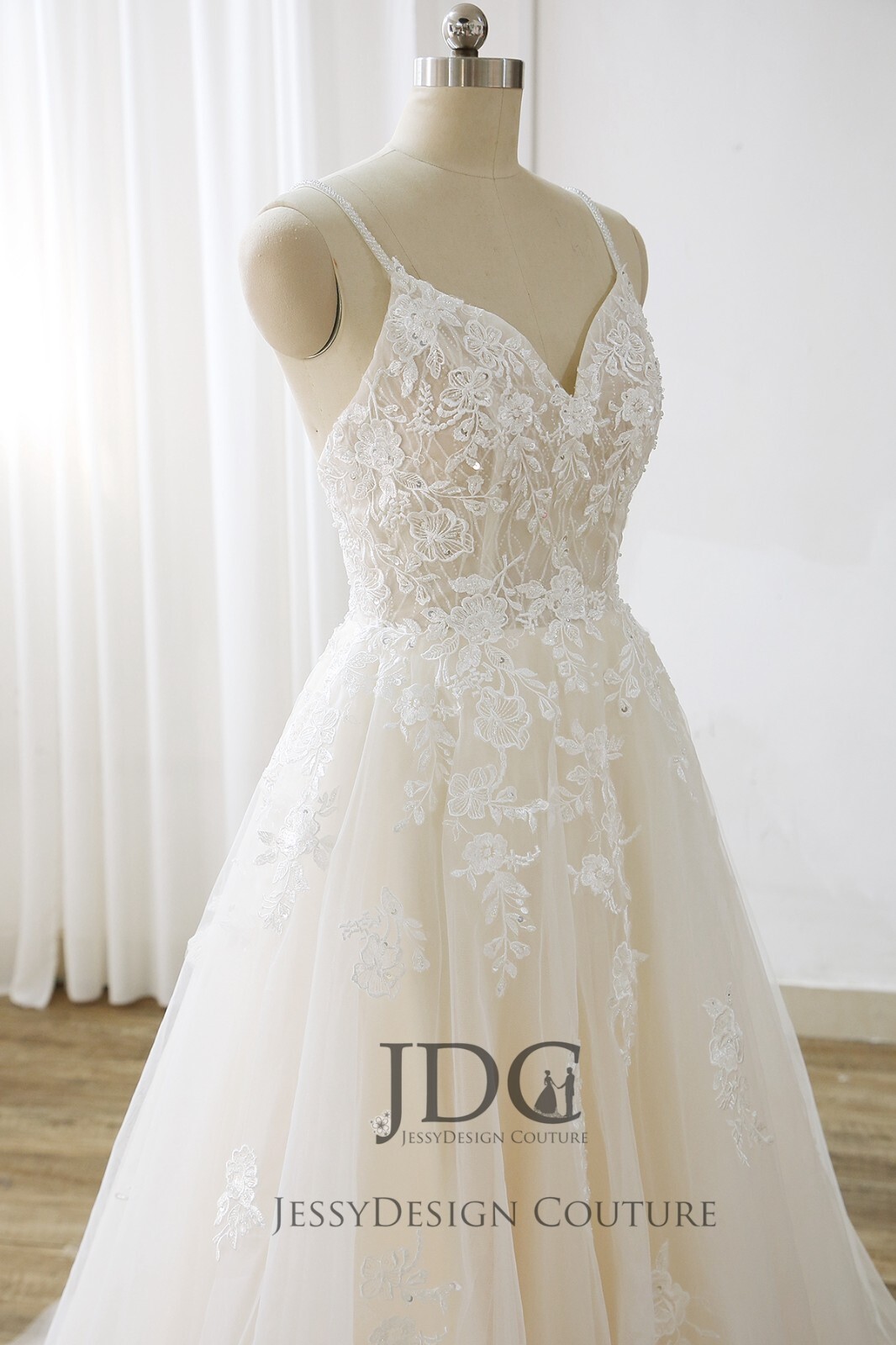 Dreamy Beaded Pearls Bridal Gown Lace Wedding Dress Custom made Ivory Nude