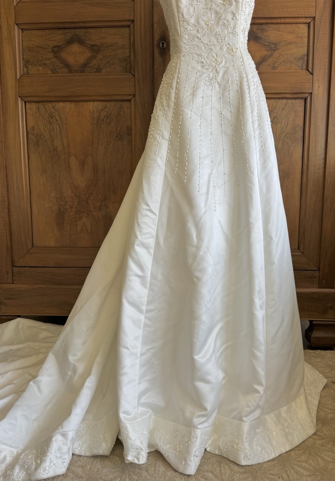 Beaded Embroidered Satin Bridal Gown Wrap Ivory Wedding Dress M/L