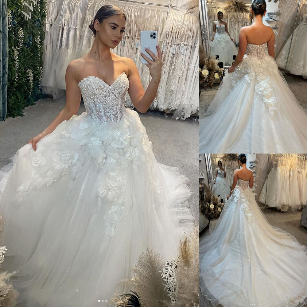 Sexy Sweetheart Wedding Dresses 3D Floral Glitter Sweep Train Lace Bridal Gowns