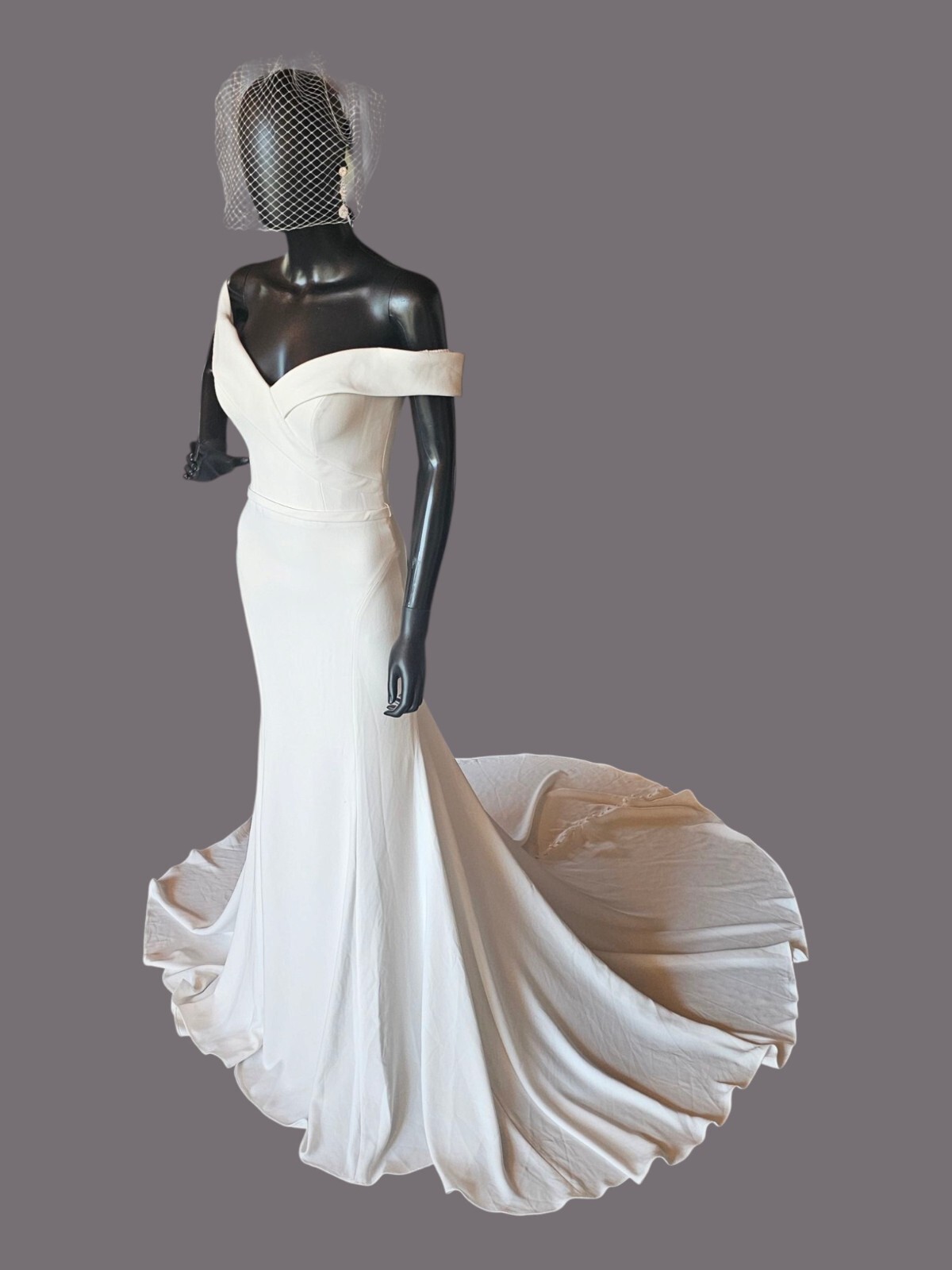 Ivory Off Shoulder Fitted Crepe Wedding Gown