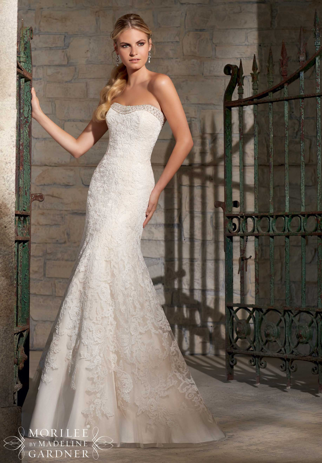 NEW Mori Lee Bridal Gown Wedding Dress 2705 Ivory Champagne A Line Lace Crystal