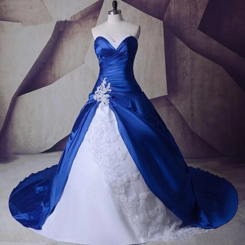 Vintage Royal Blue and White Wedding Dresses Sweetheart Satin Ball Gowns Custom