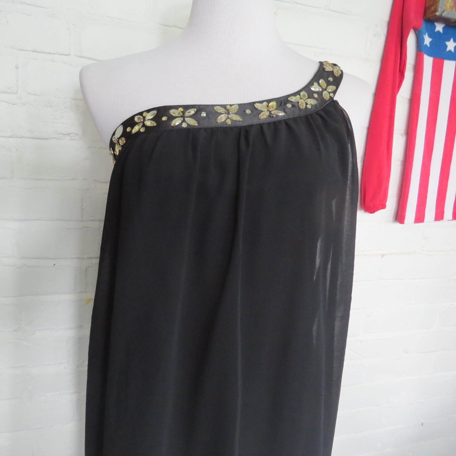Ever-Pretty Black Formal Off One Shoulder SLIP Mini Dress Sz 6 Shift Rhinestone