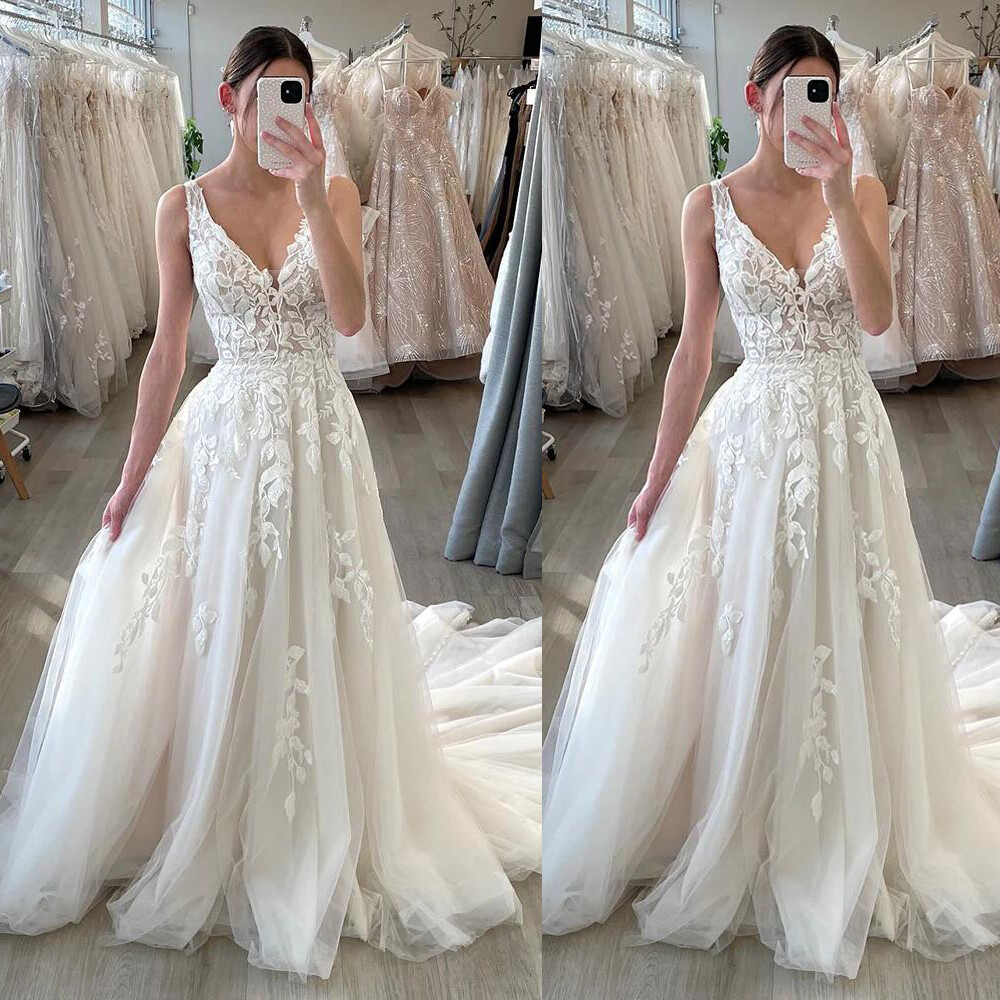 Elegant Wedding Dresses V Neck Sweep Train Lace Applique White Ivory Bridal Gown