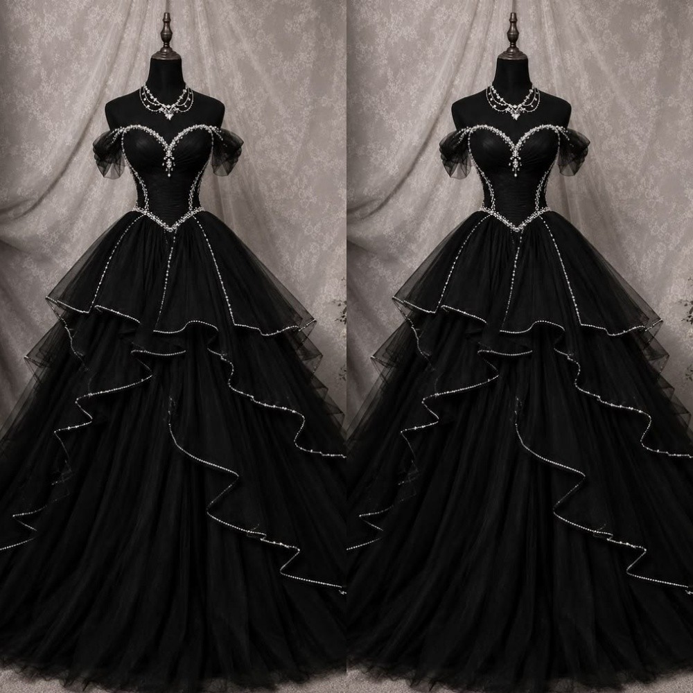 Black Wedding Dresses Off The Shoulder Rhinestone A Line Ruffles Bridal Gowns