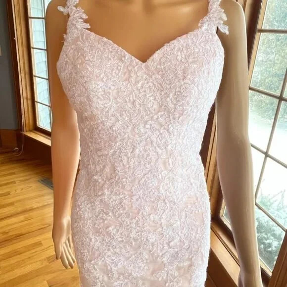 * Pink Spaghetti Strap White Lace Flared Wedding Gown Bridal Dress Size 4 6