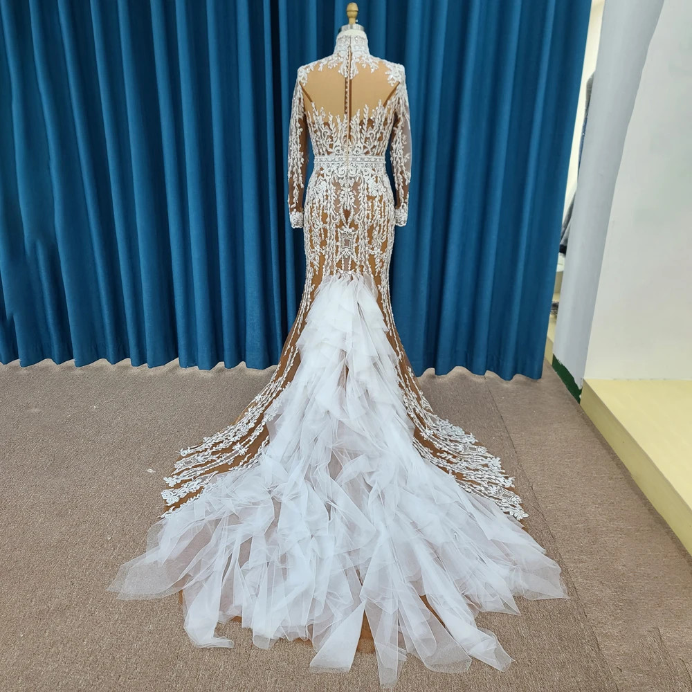 Modern Retro Long Sleeved High Neck Lace Fshtail Wedding Sequin Bead Embroidery