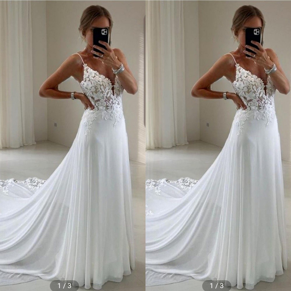 Elegant Wedding Dresses Chiffon Spaghetti Straps A Line Lace Bridal Gowns