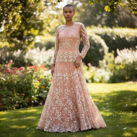 Custom Pink, White & Gold Heavily Beaded Bridal Women’s Dress, Large