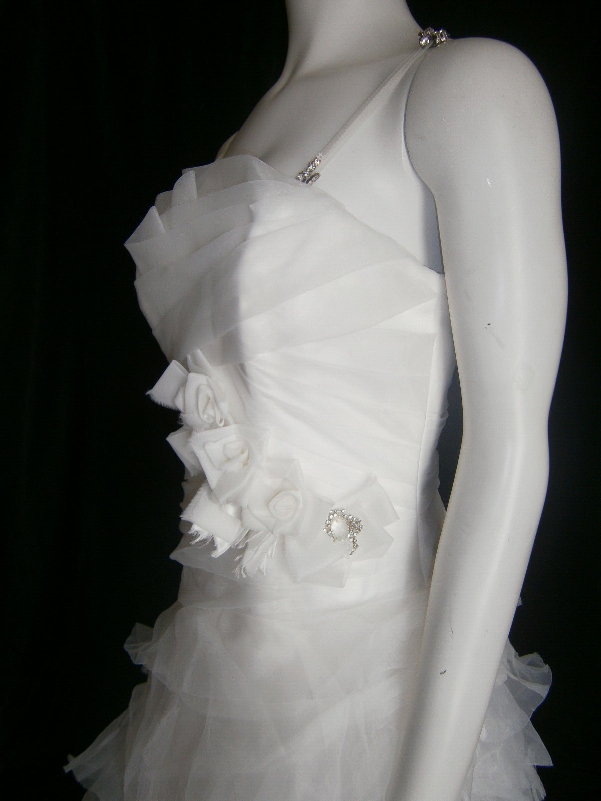 Anjolique Wedding Dress 8 Off-White Organza Ruffles Bling Tulle Straps Roses Bow