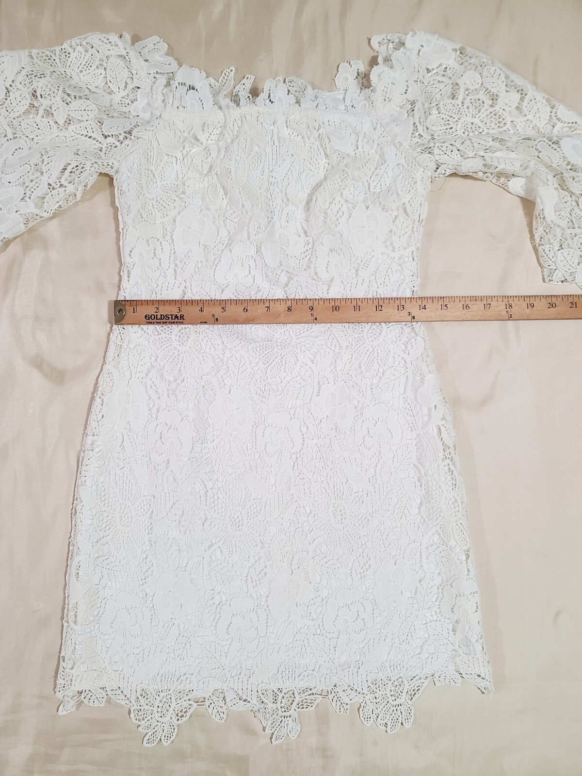 David’s Bridal Lace Sheath Wedding Dress S Off-The-Shoulder 3/4 Sleeve Ivory NWT
