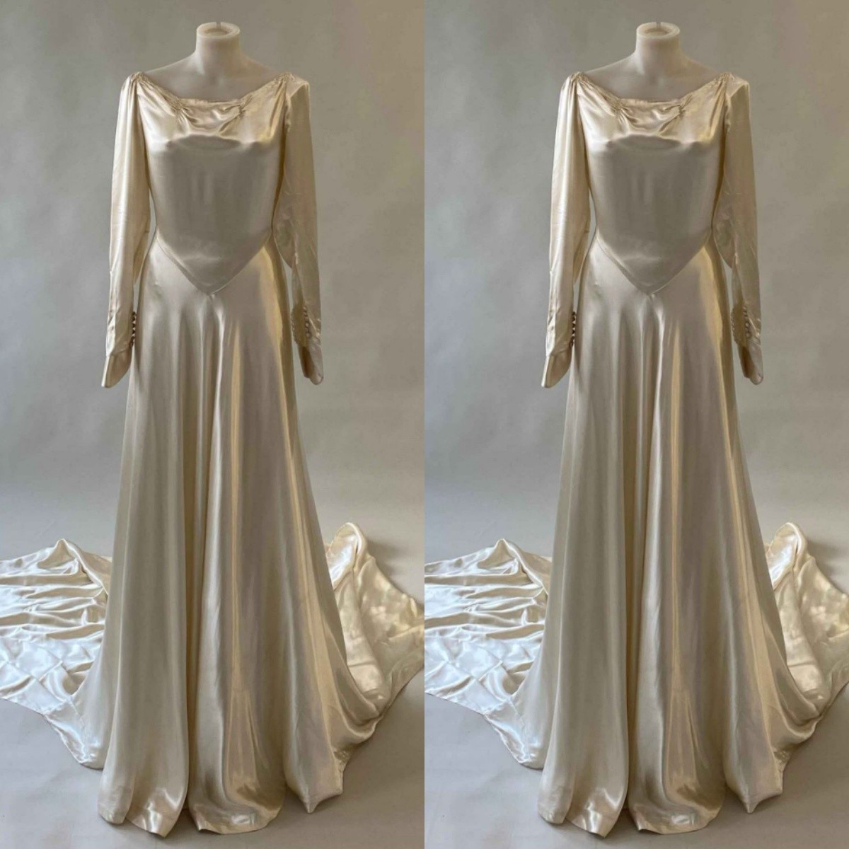 Champagne Silk Satin Wedding Dresses Long Sleeves Sweep Train A Line Bridal Gown