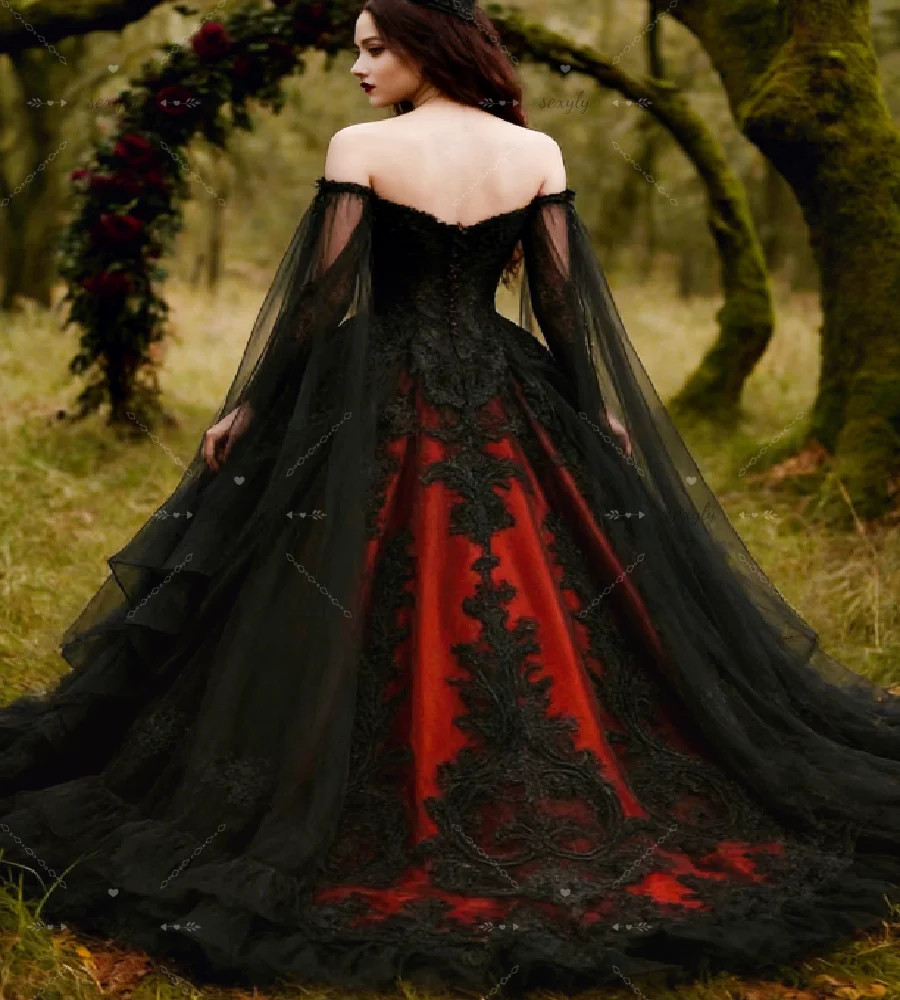 Black Red Gothic Wedding Dress Ball Gown Off Shoulder Cap Sleeves Appliques Lace