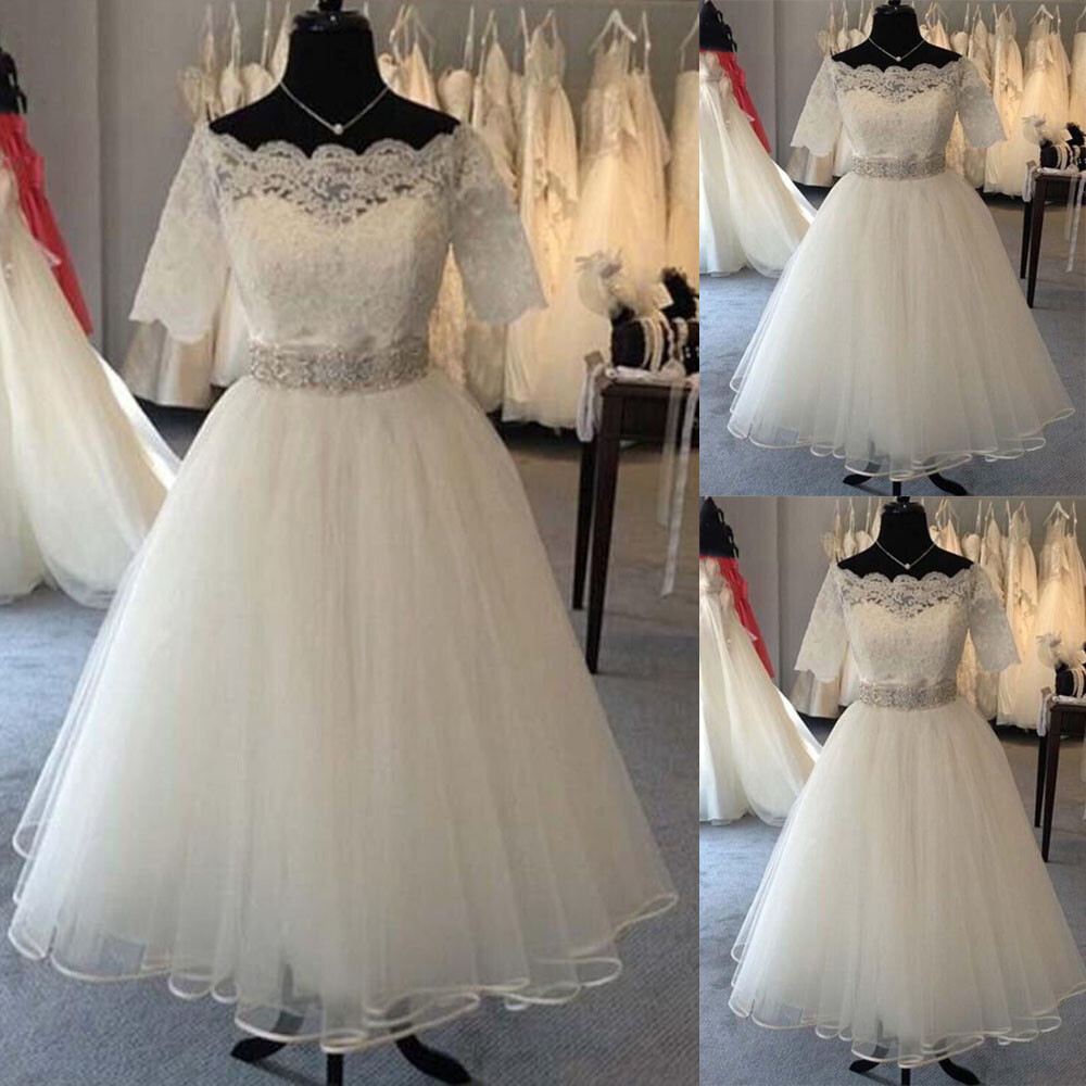 1950s Vintage Wedding Dresses Tea Length Half Sleeve Short Bridal Gown Plus Size