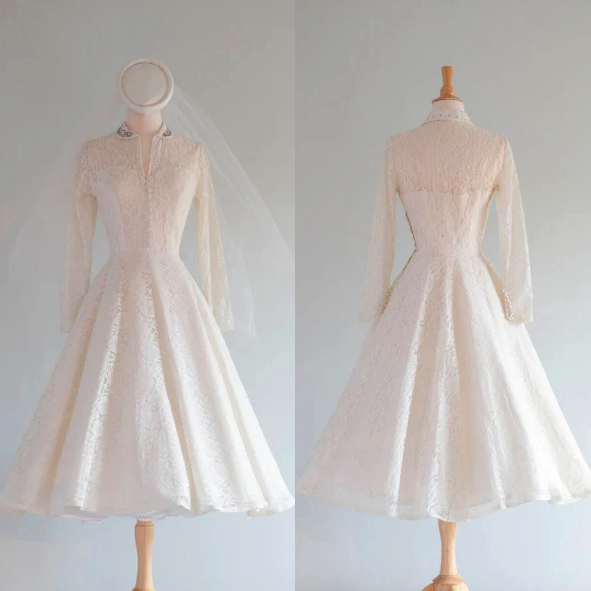 Vintage Elegant Wedding Dresses 1950s Couture Lace Tea Length Retro Bridal Gowns