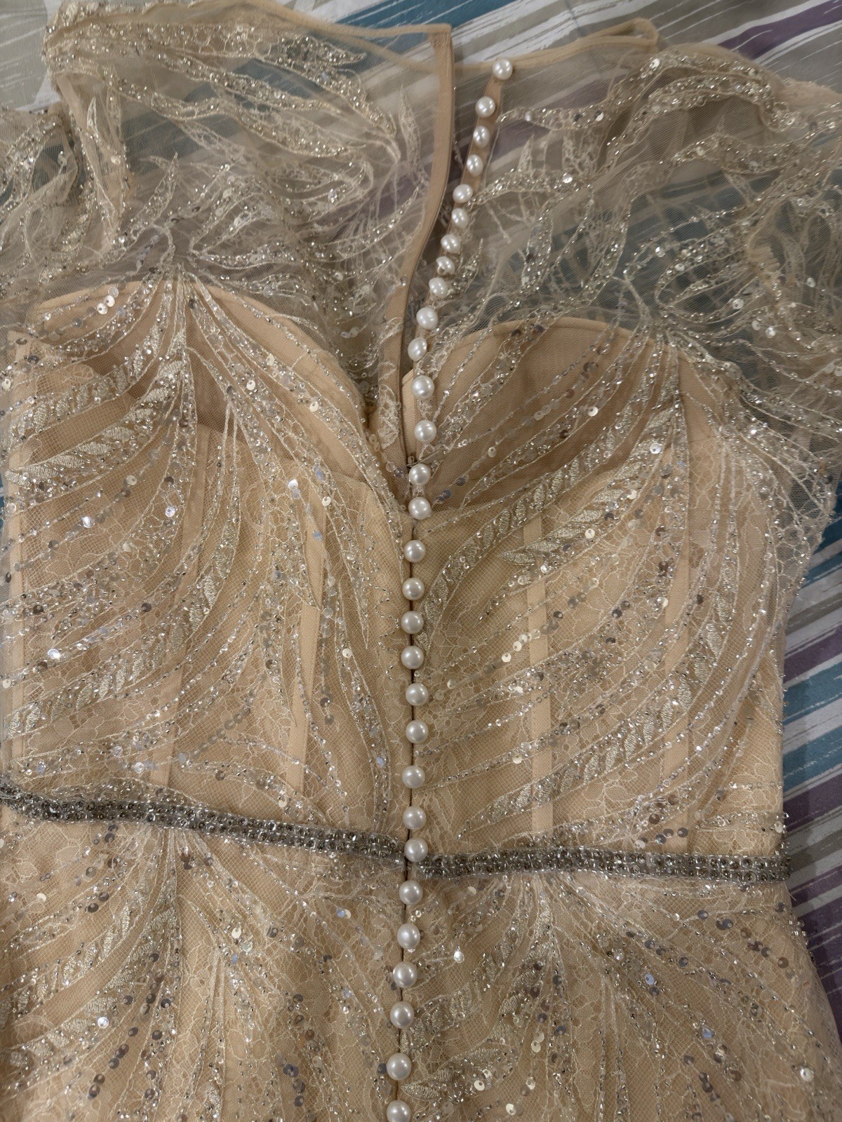 Tarik Ediz Beige Illusion Long Sleeve Beaded Sequin Mermaid Full-Length Gown