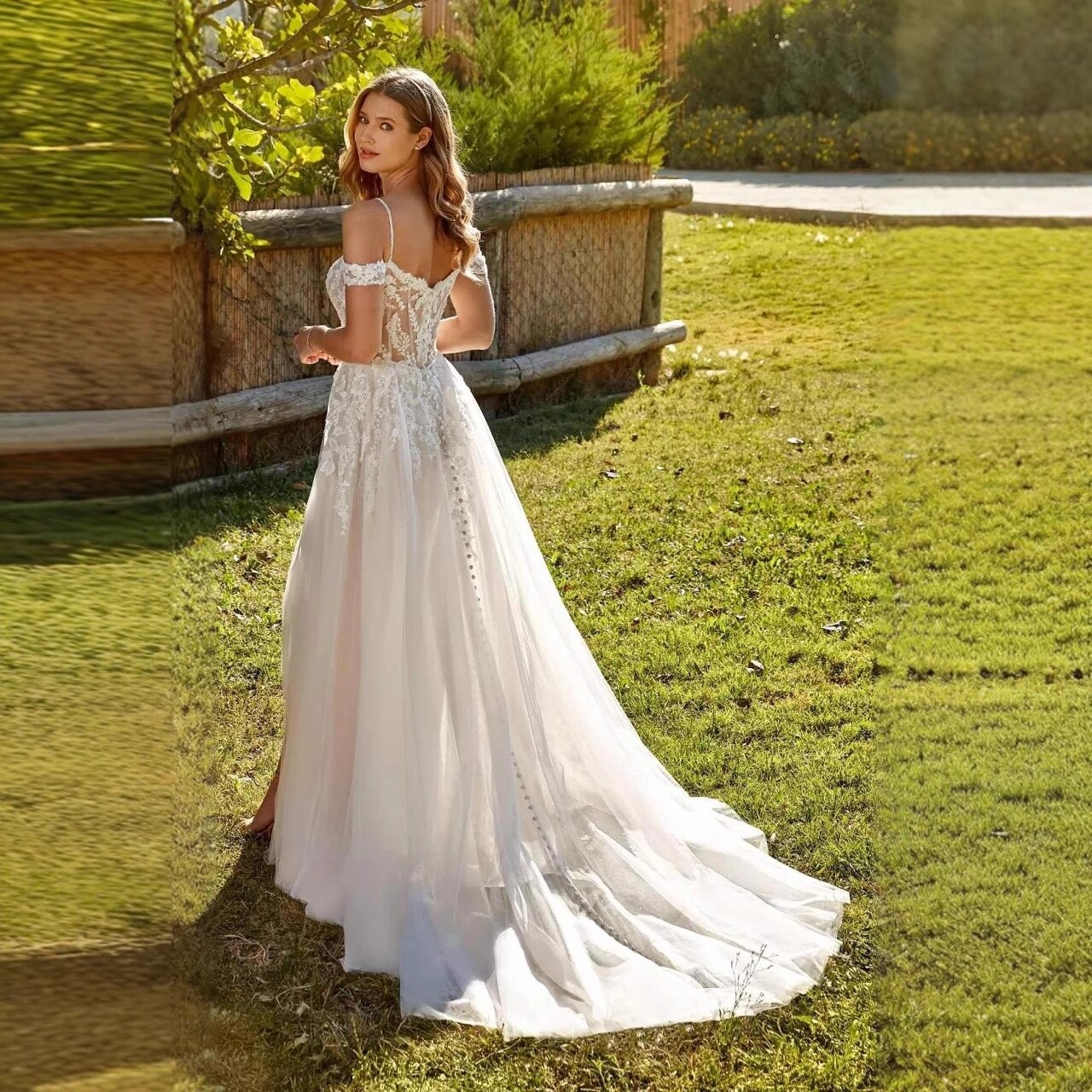 Boho Sweetheart Strapless Appliqué Lace High Slit Bridal Gown Wedding Dress