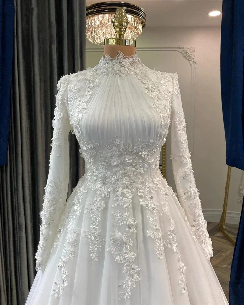 Elegant Muslim Wedding Dresses for Bride WIth Appliques Flowers Long Sleeve