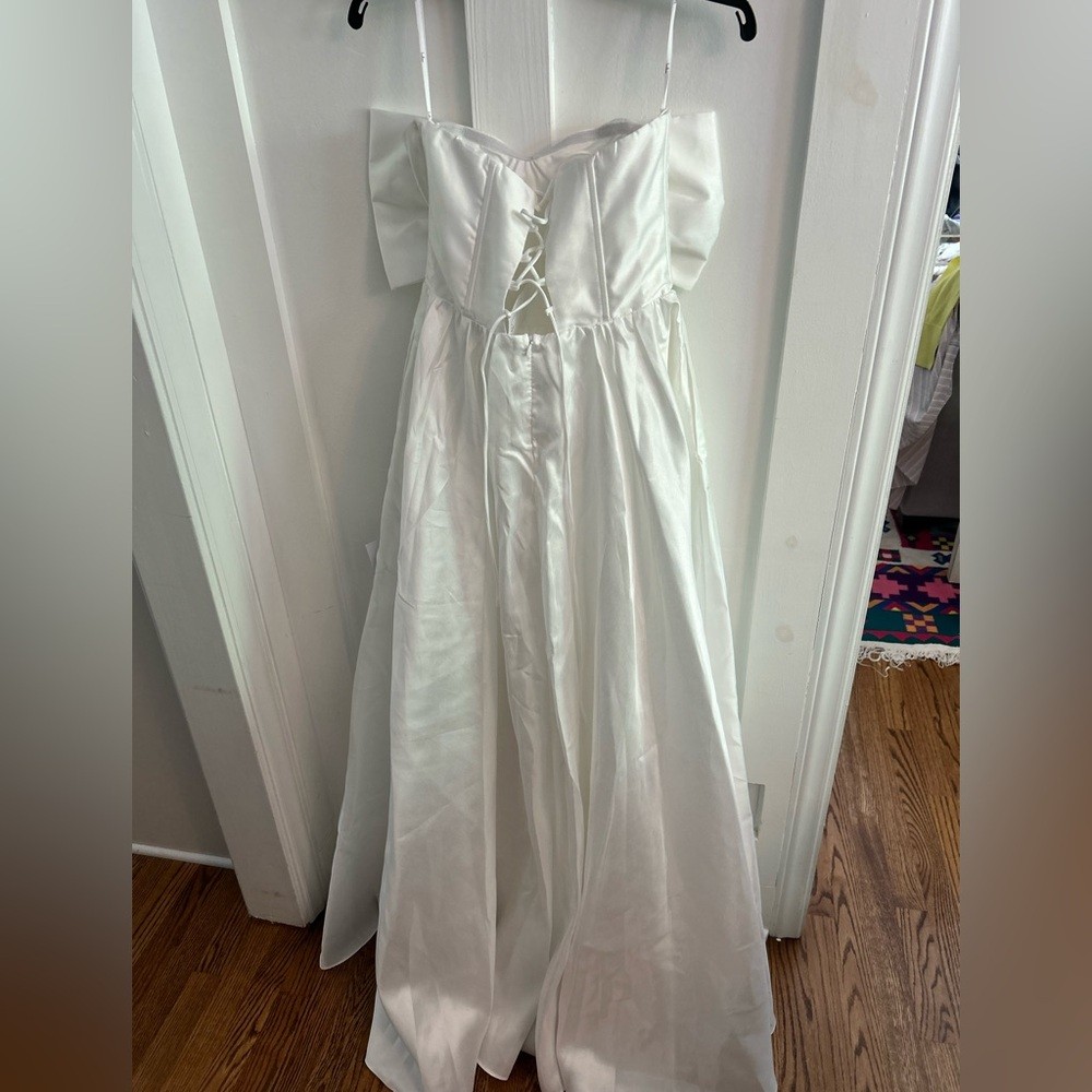 Lulus Refined Extravagance White Taffeta Bow Maxi Dress Small