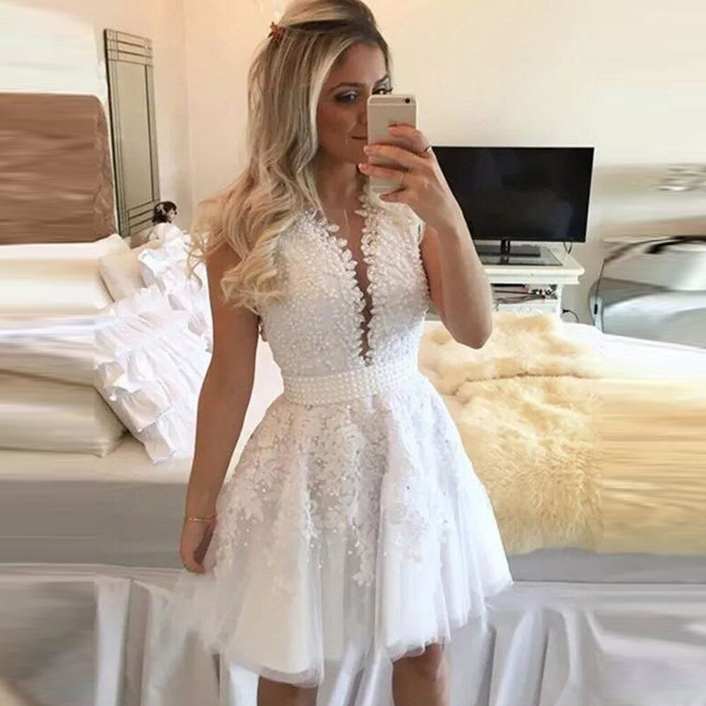 Mini Wedding Dresses Knee Length Beaded A Line Bridal Gowns White Lace Appliques