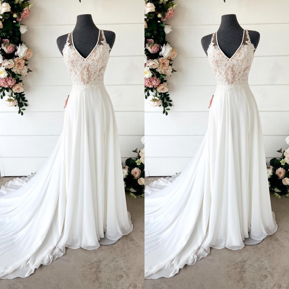Chiffon Wedding Dresses V-Neck Spaghetti Strap Lace Sweep Train Bridal Gowns