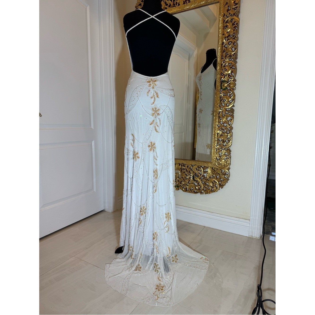 Elegant White hand Beaded Spaghetti Strap gown stretch, fabric stunning