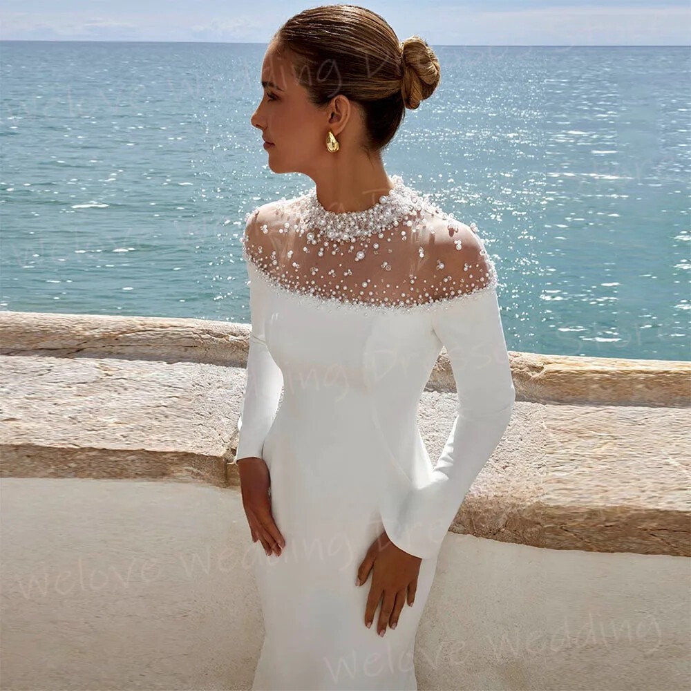 Elegant Mermaid Wedding Dresses Round Neck Long Sleeves Satin Beaded Bridal Gown