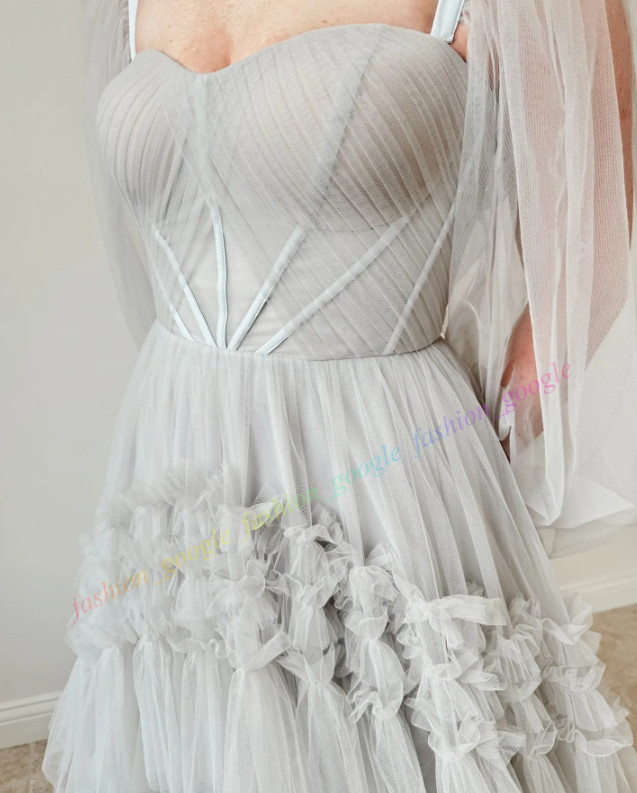 Dusty Blue Wedding Dress Detachable Long Blouson Sleeves Ruffle Tulle Boho Garde