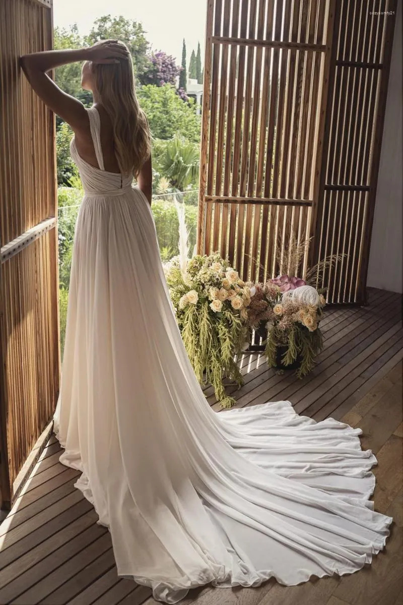 Simple A-Line Wedding Dresses Spaghetti Straps High Split Ruffles Bridal Gowns