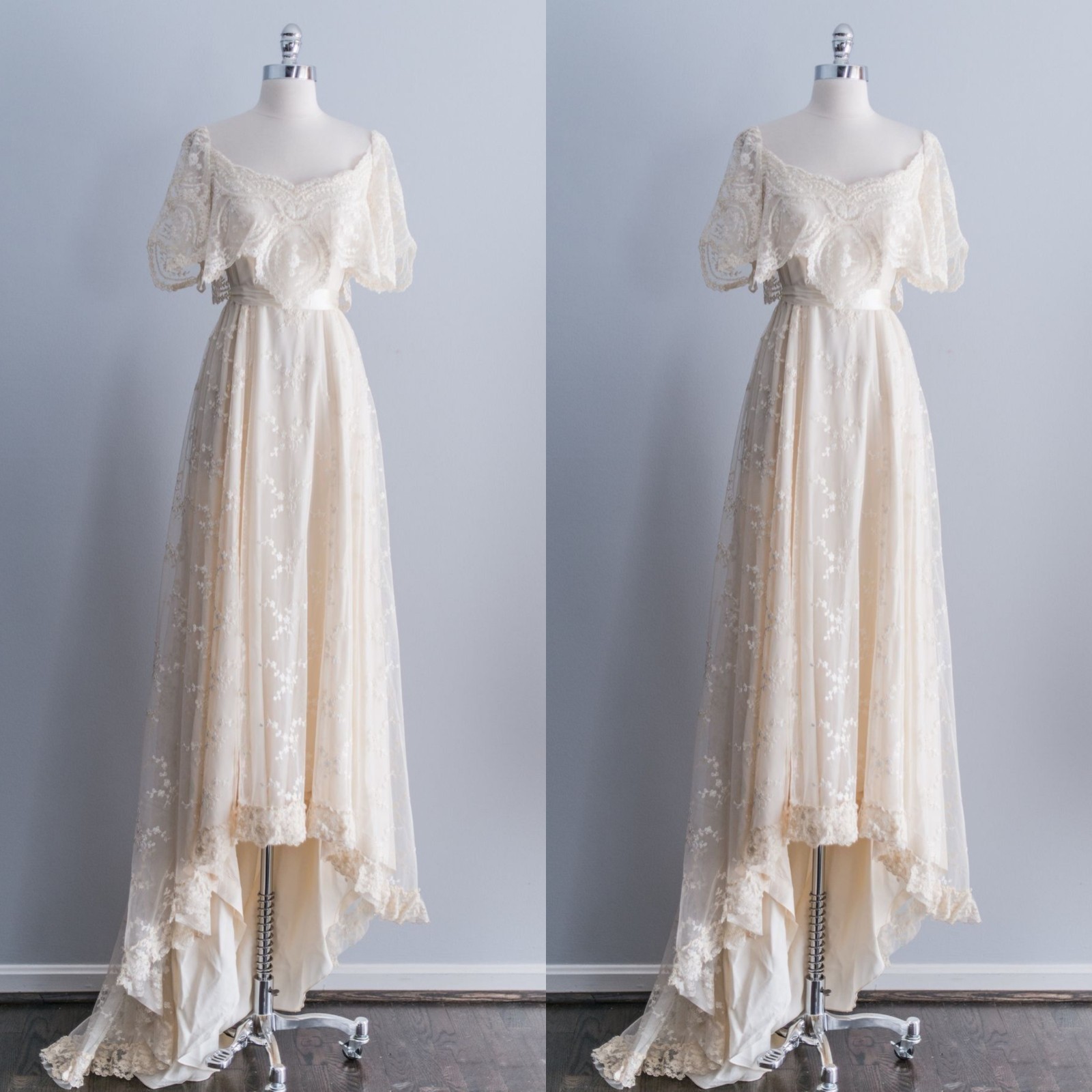 Champagne Wedding Dresses Off Shoulder A Line Vintage with Train Bridal Gowns