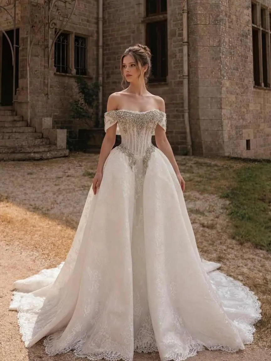 Luxury A-Line Wedding Dresses Off Shoulder Lace Crystals Appliques Brida Gowns
